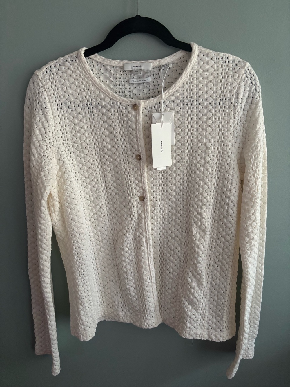 NWT Vince Textural Cotton Cardigan Open Knit Crochet Sweater Cream L (US Small)
